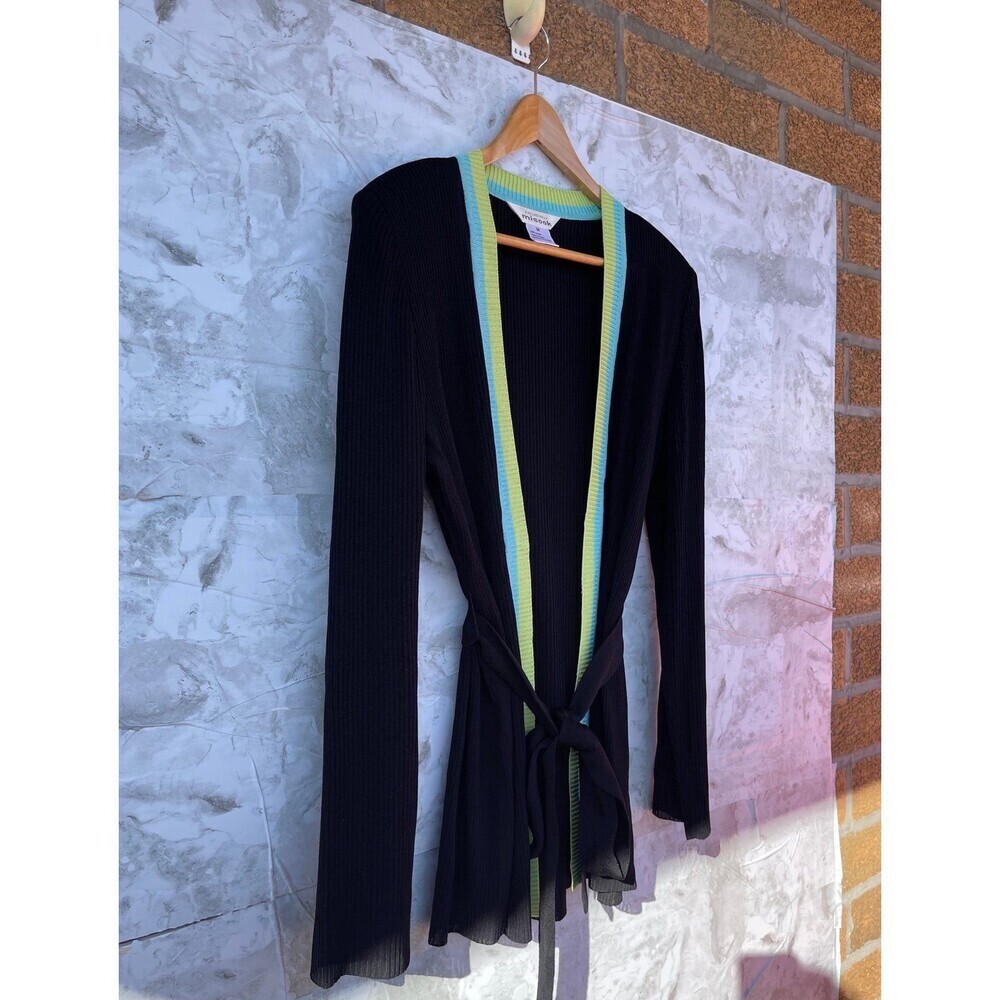 Misook Ribbed Knit Belted Cardigan Lime Aqua Trim Mod Avant Basic Chic M - Picture 4 of 9